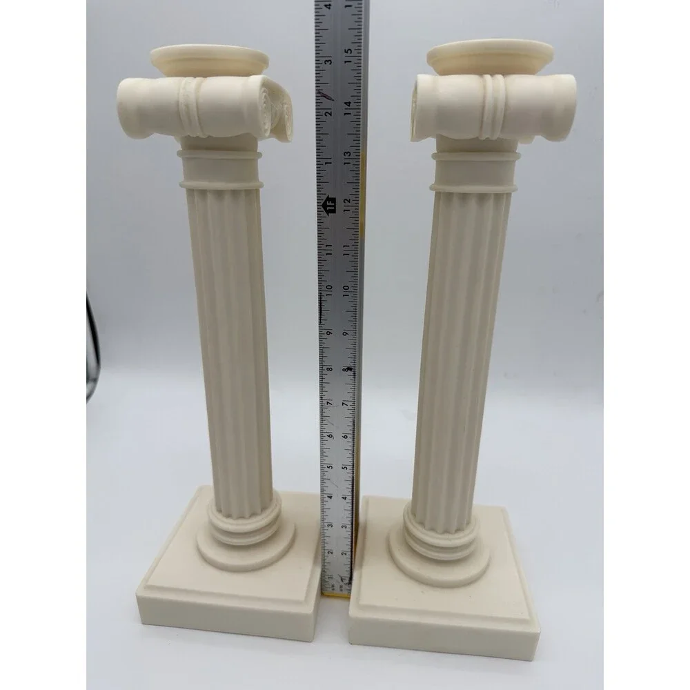2 Alabaster Carved Roman Columns Corinthian Sculpture Candle Holders 15.5”x5”